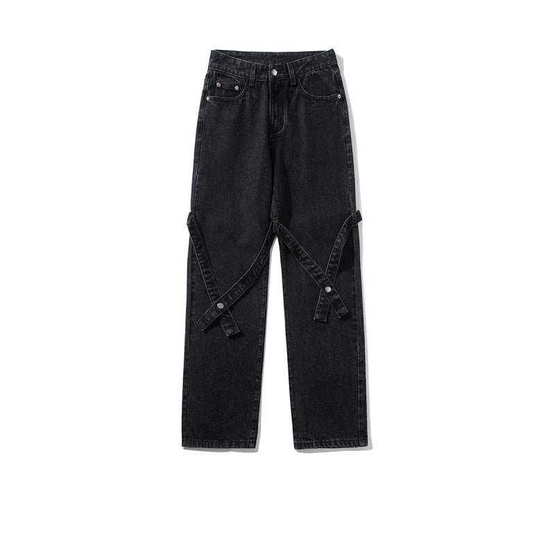 sanyamk American High Street Jeans for Men, Washed Straight-leg Trousers with Straps, Casual, Comfortable and Versatile Long Trousers