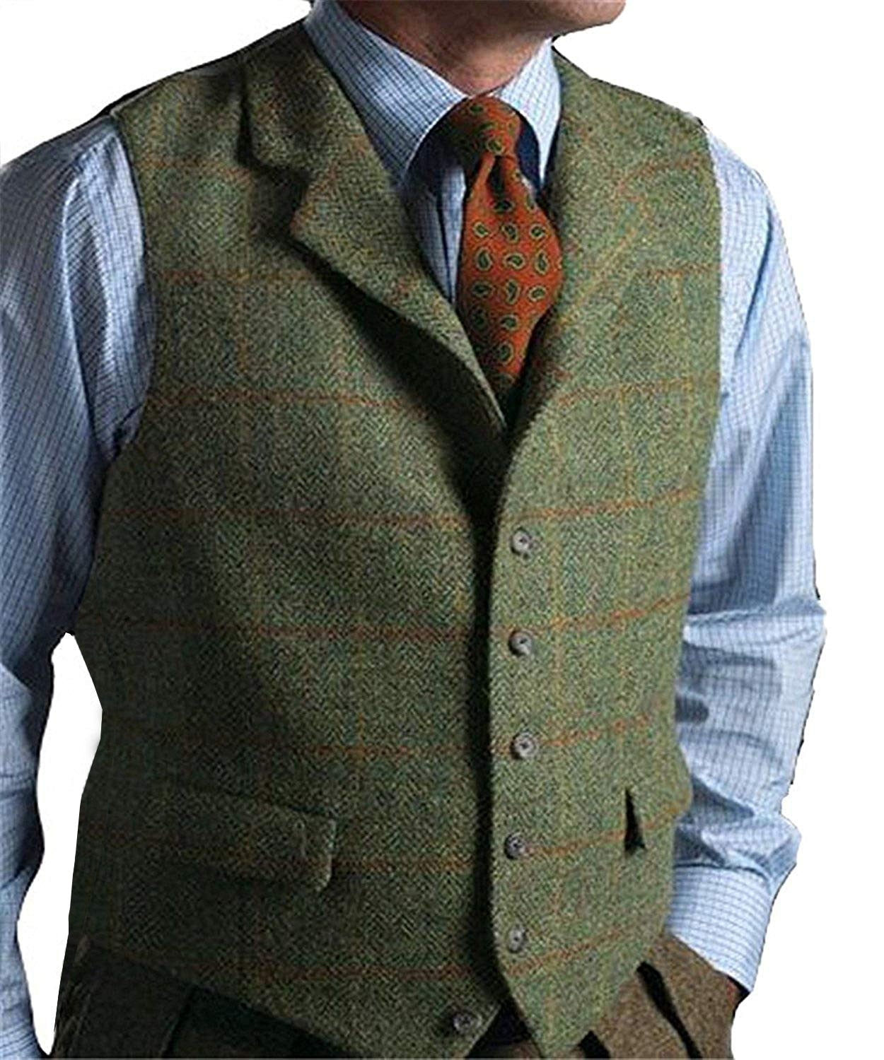 sanyamk Mens Suit Vest Green Wedding Wool Herringbone Tweed Business Waistcoat Jacket Casual Vests For Groomsmen Man Wedding