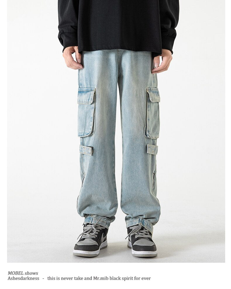 Bonsir Baggy Cargo Jeans big pocket Trousers Male Denim Pants Flared Pant women's Jeans Loose Casual Streetwear Hip Hop Harajuku