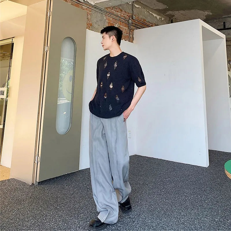 sanyamk - Summer Fashion Knitted Holes T-Shirts Men Black White Short Sleeve Stretch Tops Tees Young Personalized Streetwear Clothing