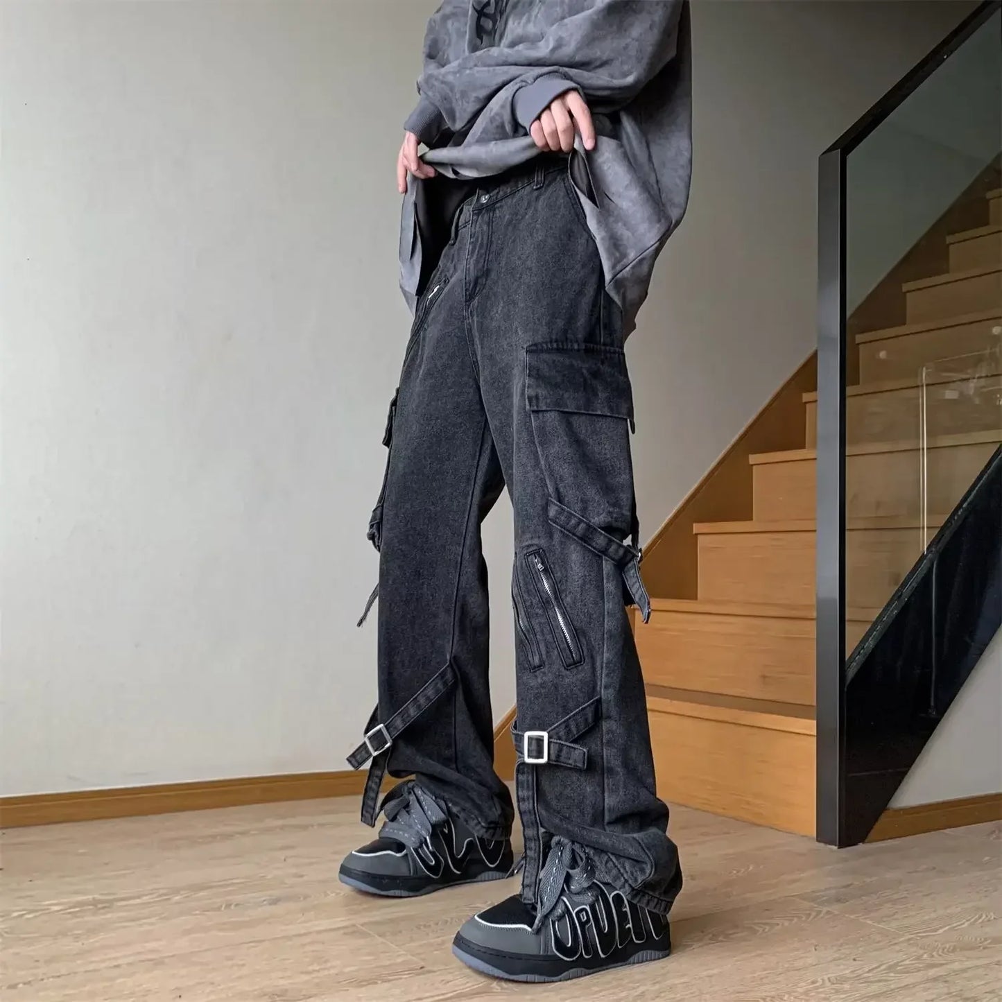 sanyamk American Style Vibezip-up Trendy Jeans For Men Loose-fit Bell Bottoms Ins High Street Gangsta Style Casual Workwear