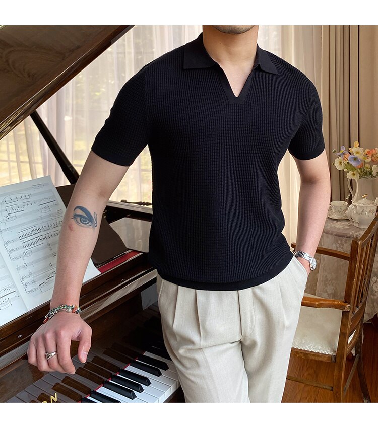 sanyamk Summer New V-neck Men's Solid Color Short-sleeved T-shirt British Slim Lapel Knitted Striped Casual Polo Shirt