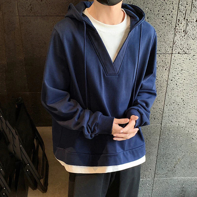 sanyamk - American Style Men's Hoodies Fake Two-piece Hooded Drawstring Loose Solid Color Casual Pullover Male Sweatshirts New 9C7274
