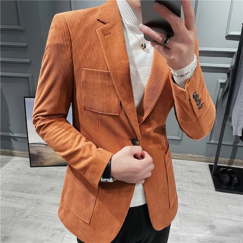 sanyamk British Style Fashion Men's Suit Jacket Slim Fit Handsome Suit Jacket Fashion Men's Business Jacket Corduroy Blazers Size S-3XL