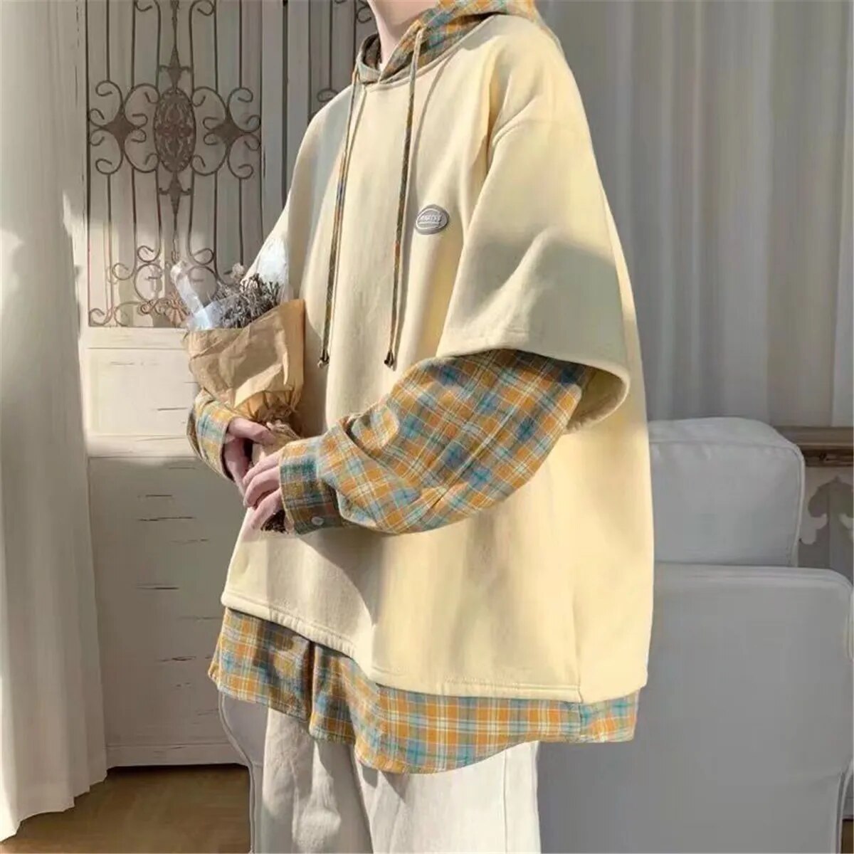 sanyamk Fashion Kahaki Patchwork Sweatshirt Autumn Loose Harajuku Vintage Plaid Hip Hop Tops Streetwear Winter High Street Gothic Hoodie