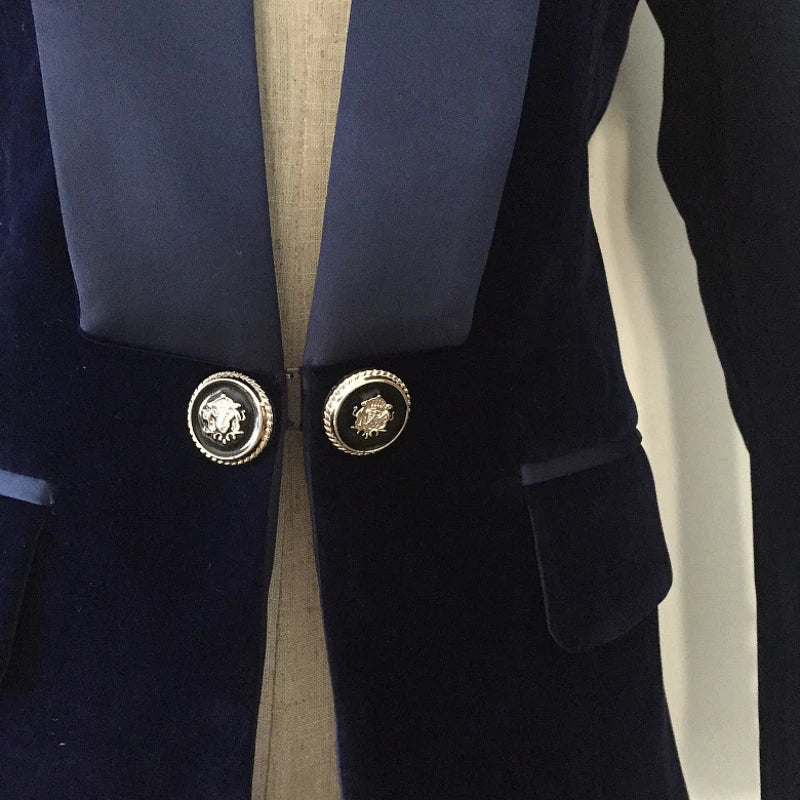 sanyamk - Dark Blue Black Blazer Women Spring Autumn Long Sleeve Velvet Coats Shawl Collar Single Button Blazers Women Jacket Coat Female
