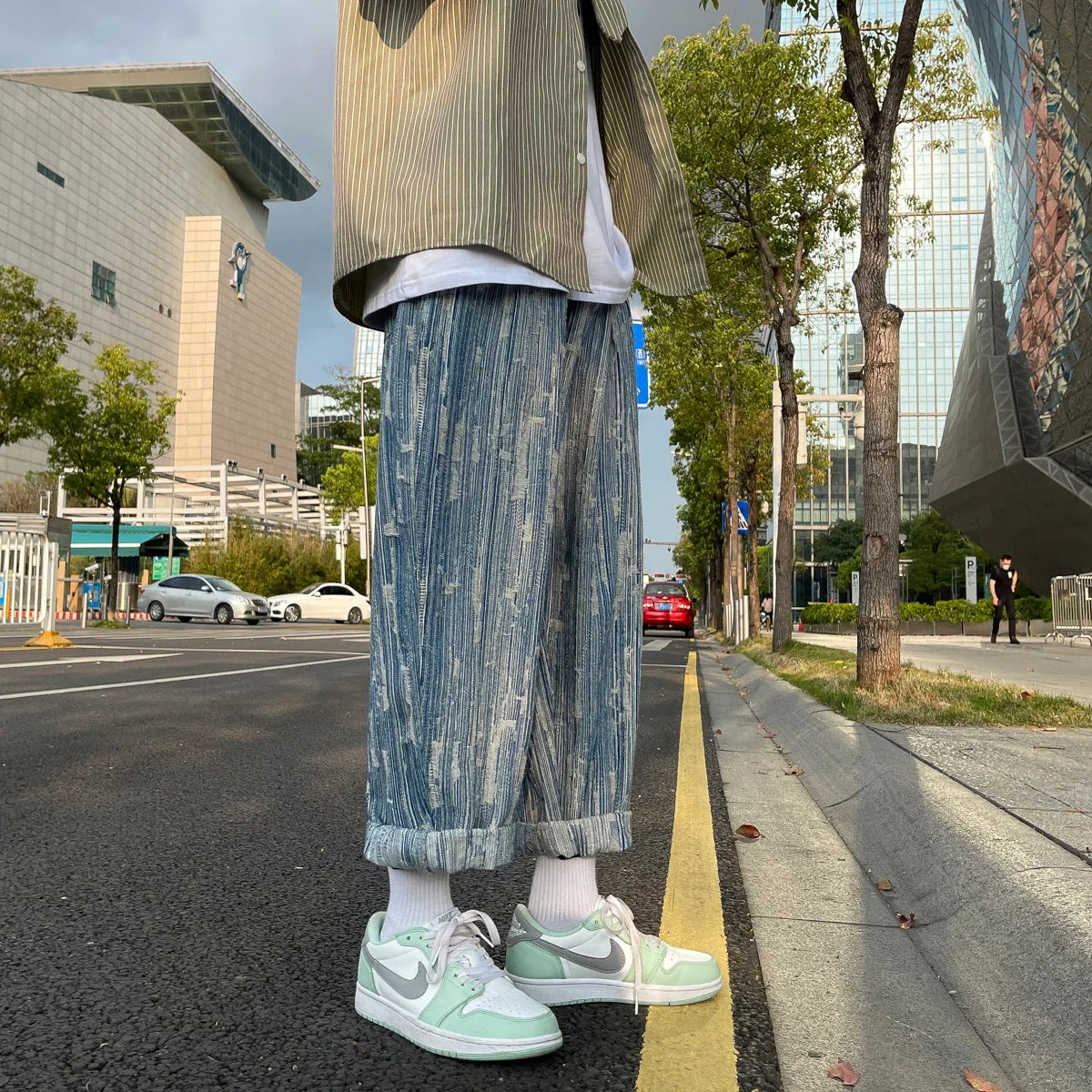 sanyamk - Light Blue Jacquard Jeans Men Spring New Street Handsome Loose Pants Men Elastic Waist Straight Vintage Denim Pants