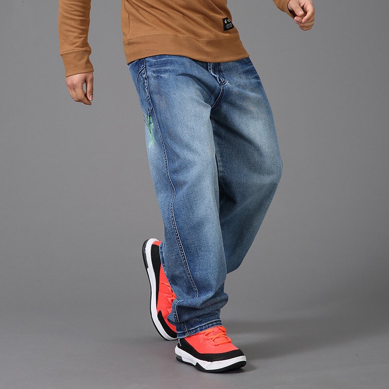 Bonsir Plus Fat Large Size 48 Loose Straight Jeans Men Street Hip Hop Printing Jeans Skateboard Baggy Denim Trousers Male