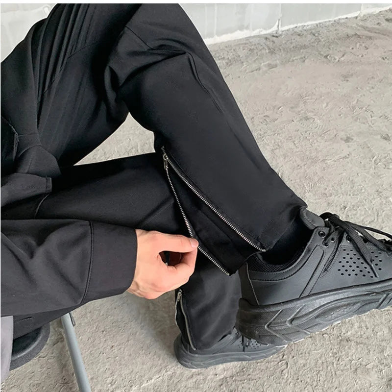 sanyamk - Back Men's Zipper Design Suit Pants New Casual Elastic Waist Straight Trousers Streetwear Niche Design Pants 2A0748
