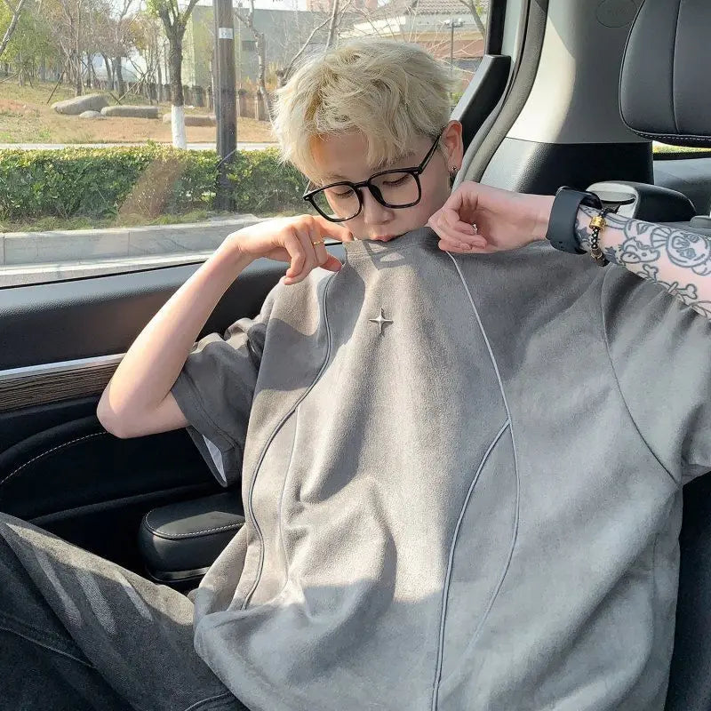 Bonsir Korean hip-hop trend men and women retro personality round neck short sleeved couple summer loose casual T-shirt top harajuku
