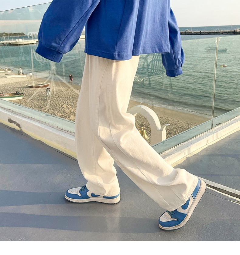 sanyamk Spring Summer New Casual Jeans Men Fashion Straight Loose Jean Pants Neutral Streetwear Solid All-match Wide-leg Trousers