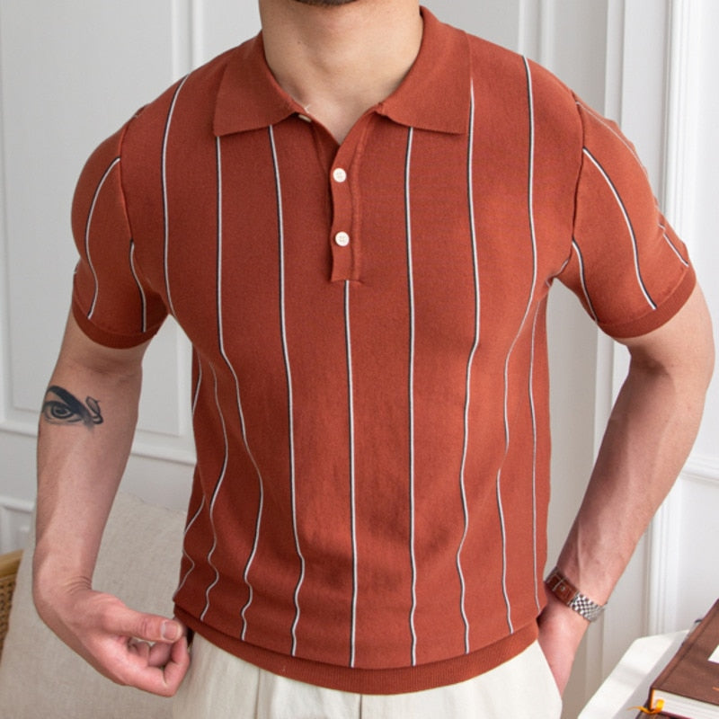 sanyamk Contrasting Stripes Casual Slim Lapel Polo Summer Knit Lapel T-shirt Polo Camisa Hombre British Men's Shirt Mannen Polo