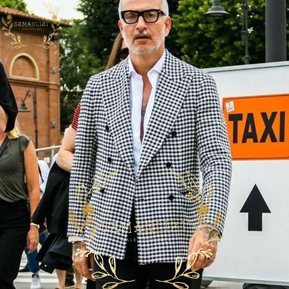 sanyamk Double Breasted Houndstooth Blazer for Men Peaked Lapel Custom Made Wedding Suit Jacket Male Fashion Coat
