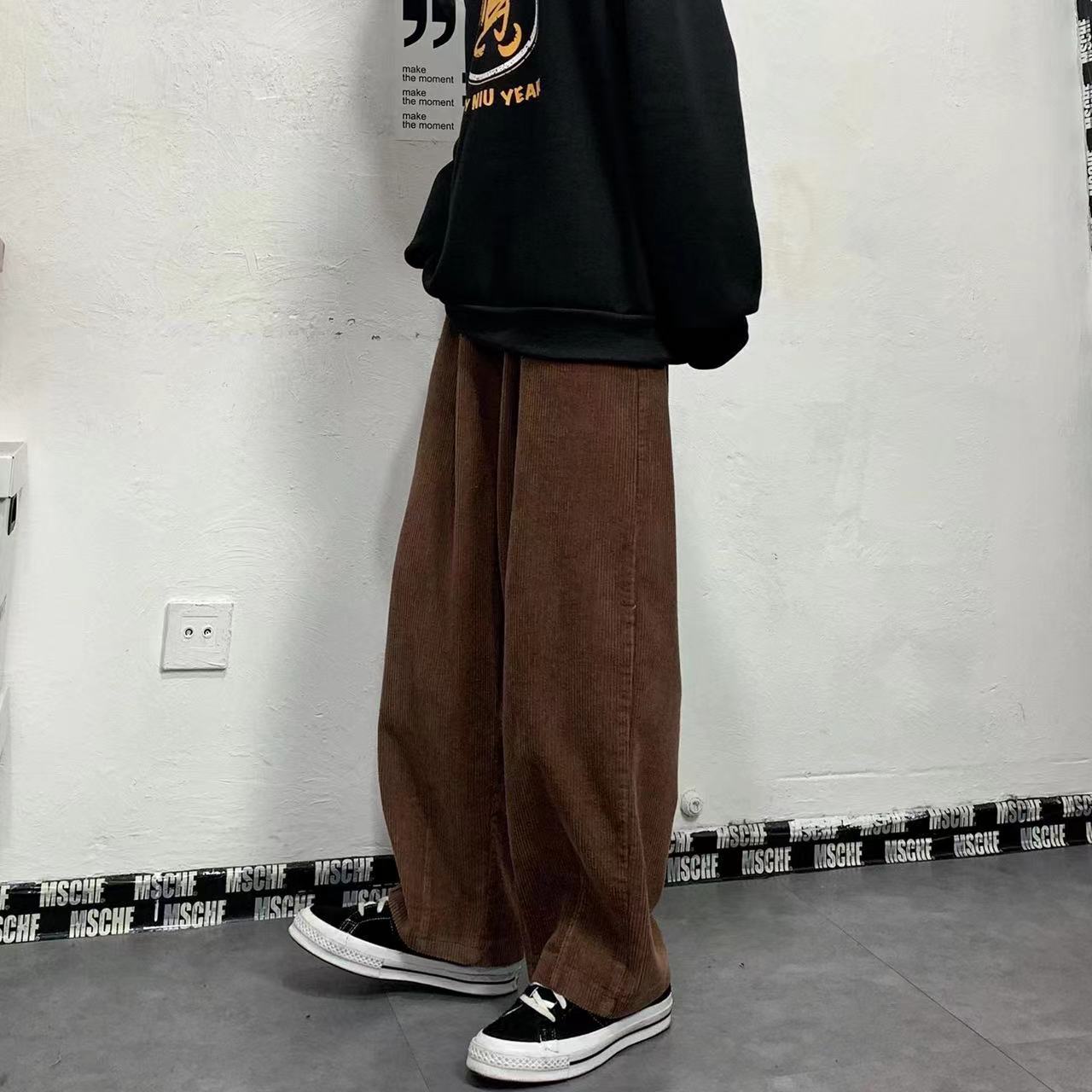 sanyamk Men's Korean Style Retro Trend Sweatpants Corduroy Fabric Solid Color Straight Casual Pants Loose Brown Color Trousers