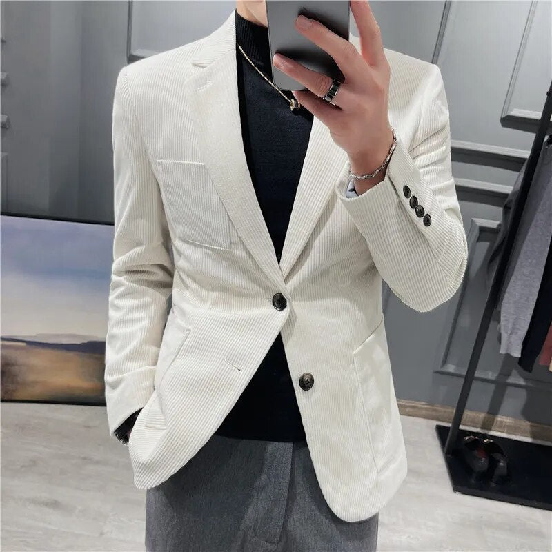 sanyamk British Style Fashion Men's Suit Jacket Slim Fit Handsome Suit Jacket Fashion Men's Business Jacket Corduroy Blazers Size S-3XL