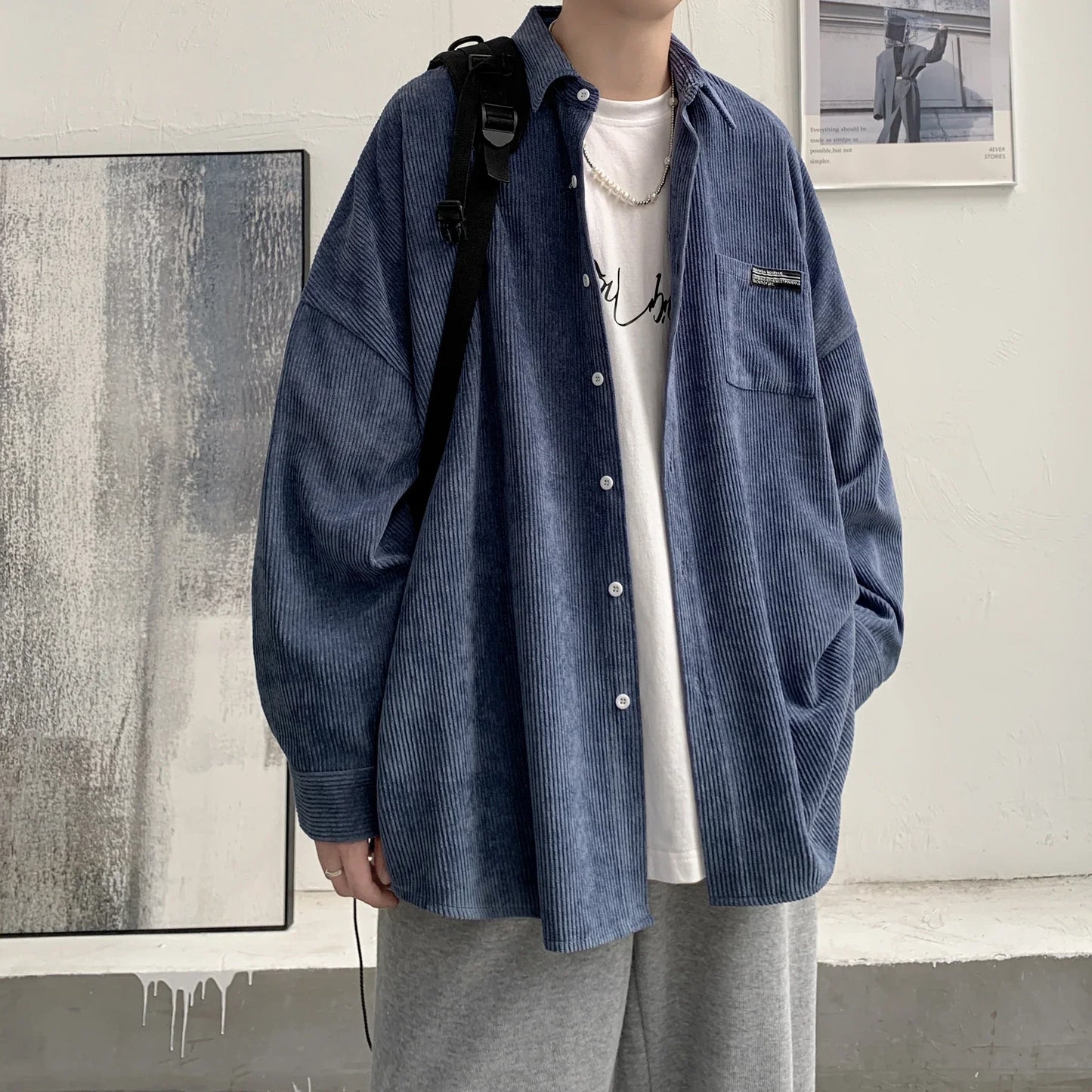 sanyamk - Mens Corduroy Shirts Streetwear Harajuku Japanese Style Oversize Unisex Blouses