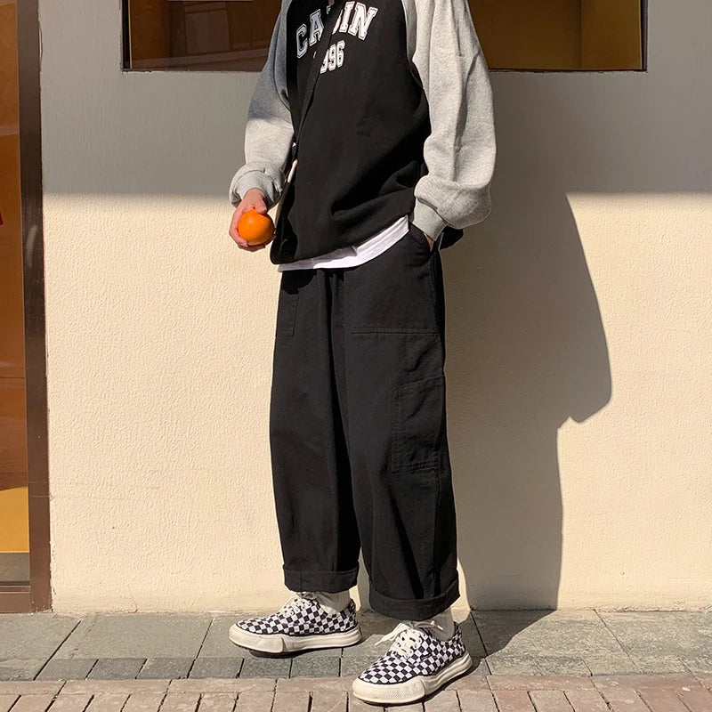 sanyamk - Casual Pants Men Oversized Loose Cargo Pants Streetwear Japanese Style Harajuku Drawstring Hombre Tooling Trousers