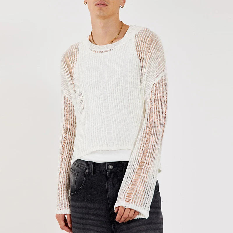 sanyamk - Fall Fashion Mens T-shirts Leisure Loose Hollow Out Crew Neck Pullover Tops Spring Men Casual Long Sleeve Tees Streetwear