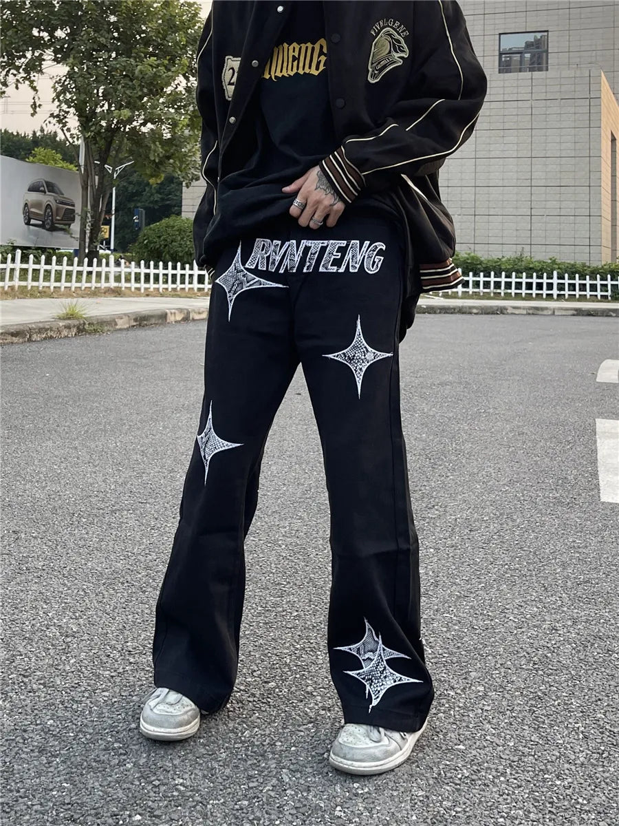 sanyamk Fashionable American street letter embroidery straight tube loose denim pants for men and women high street trendy casual pants