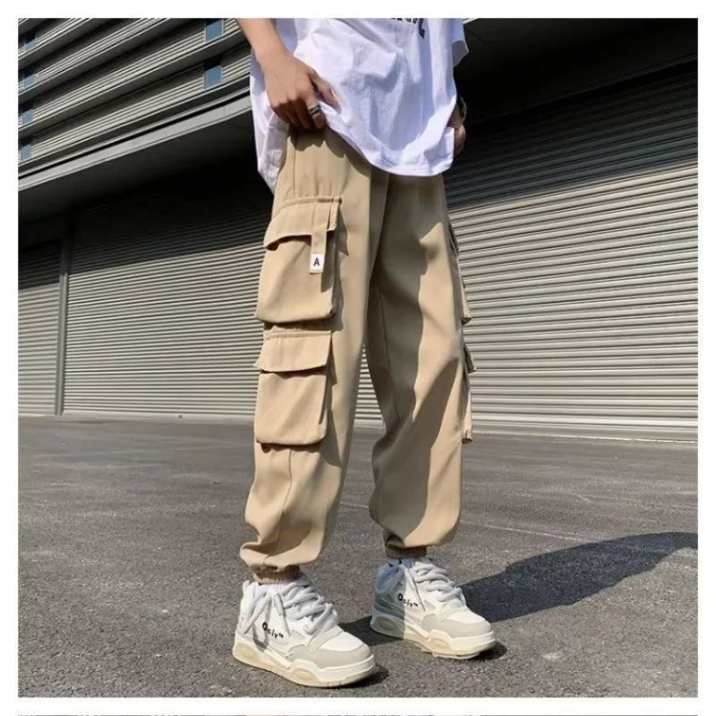 BONSIR - Temperament Versatile Casual Men's Clothing Autumn and Winter New Splice Pockets Drawstring Oversize Commuting Cargo Pants