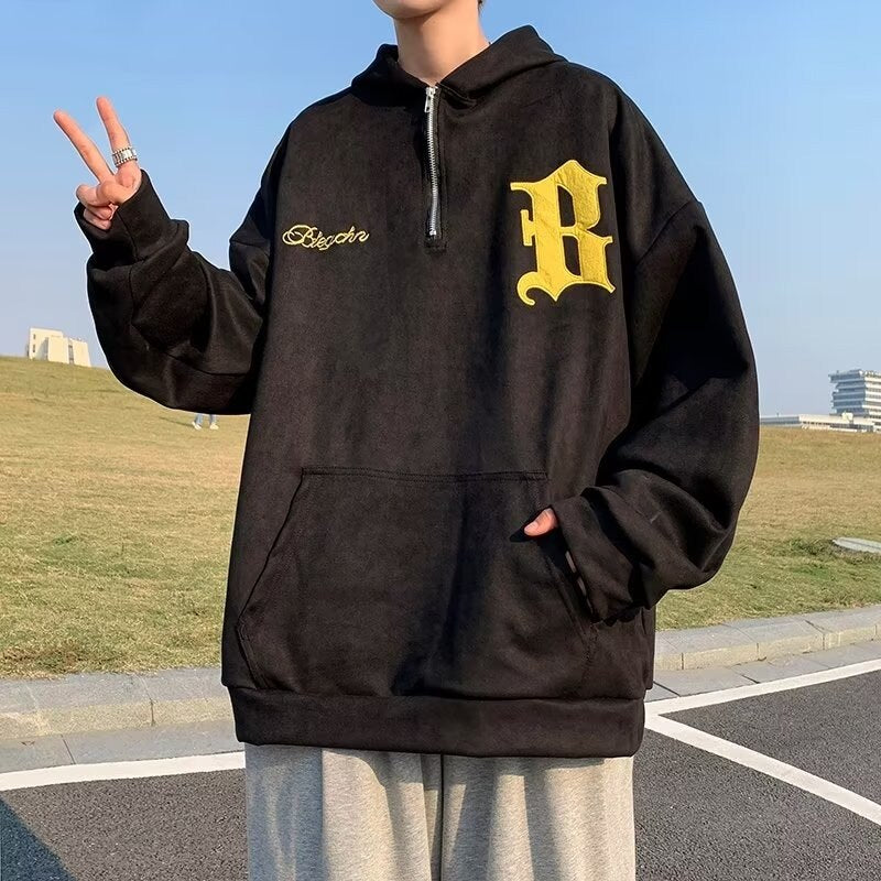 sanyamk Vintage Men's Hoodie Suede Sweatshirt Letter Embroidery Harajuku Autumn Casual Pullover Women Half Zipper Hip Hop Hooded