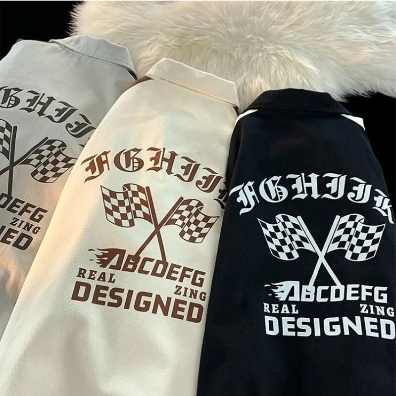 Bonsir American Vintage Racing Jacket Men Cycling Lapel Jacket Women BF Letter Varsity Coat Oversize High Street Vibe Baseball Uniform