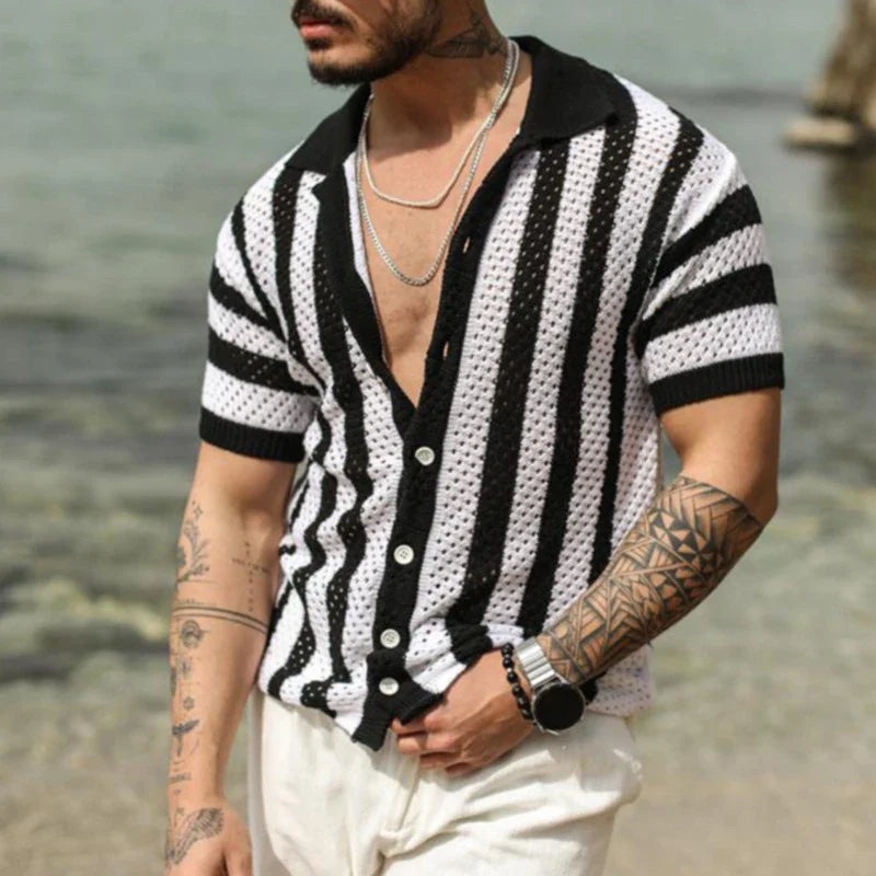 sanyamk - Male Collar Button-up Cardigan Social Shirt Men Clothing Hollow Loose T-shirts 2yk Top Fashion Striped Stitch Polos Shirts
