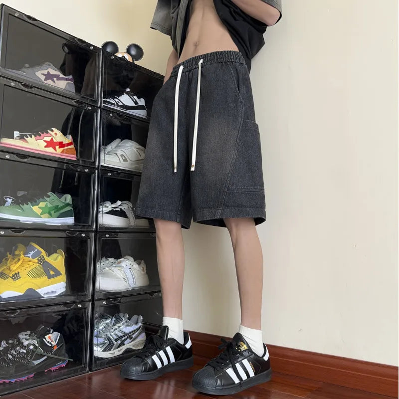 sanyamk Korean Style Vintage Men's Big Pockets Shorts Summer Male Wide Leg Knee Length Short Pants 2024 New Washed Fashion Denim Trouser