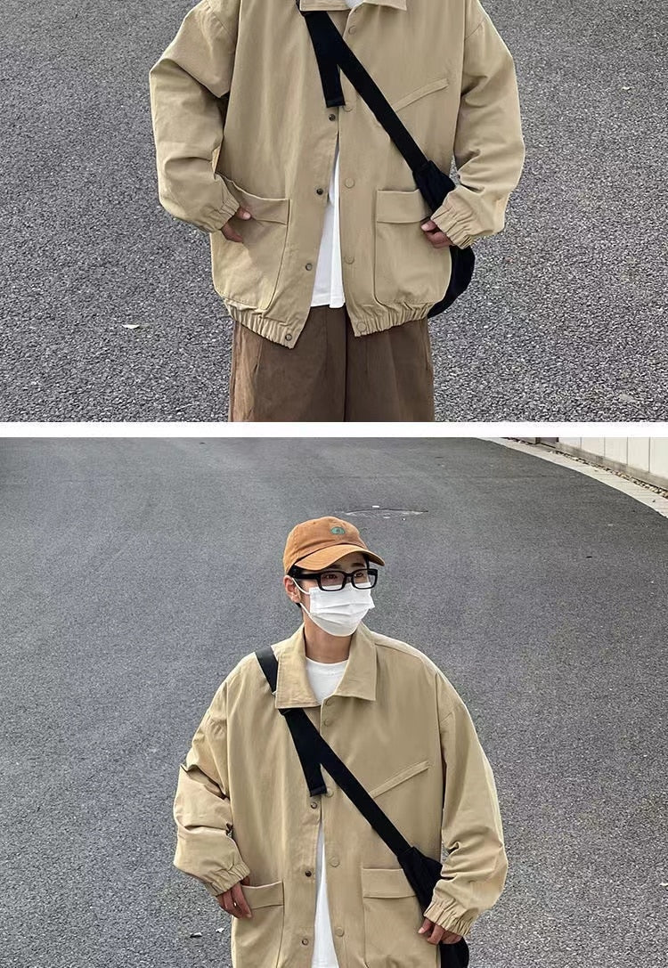 sanyamk Men's Japanese Vintage Lapel Collar Cargo Jackets Work Clothes Harajuku Loose Casual Coats Solid Color Outerwear M-2XL