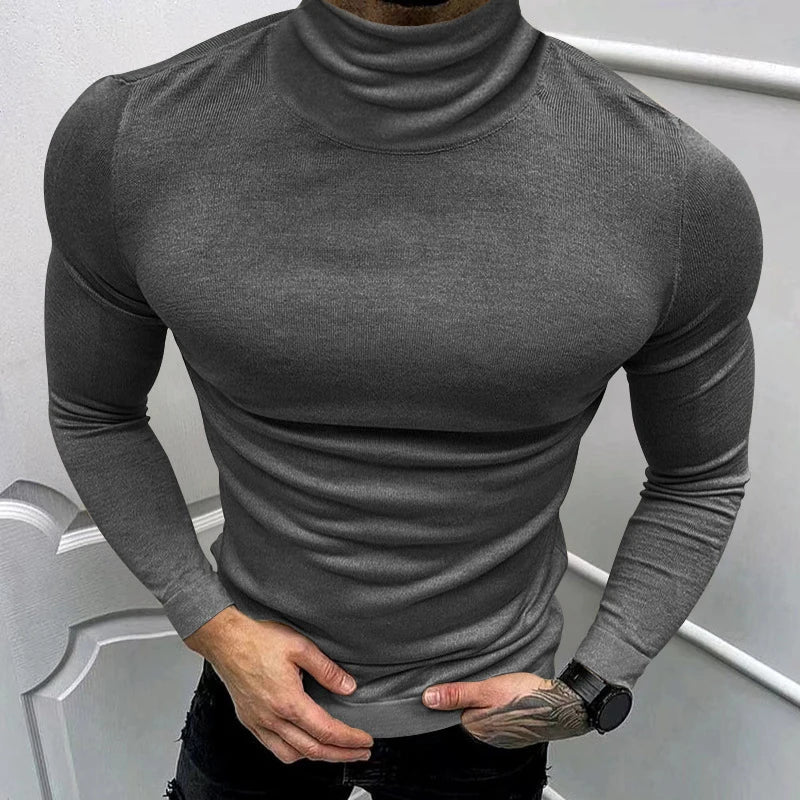 BONSIR - 2024 Spring Fall Casual Solid Color Basic T-shirt Men Clothing T Shirt Luxury Men's T Shirts Turtleneck Long Sleeve Slim Tops