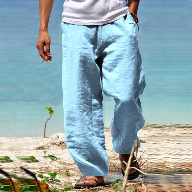 Bonsir Spring Summer Vintage Men's Solid Color Cotton Linen Long Pants Casual Trousers Men Leisure Drawstring Beach Pants