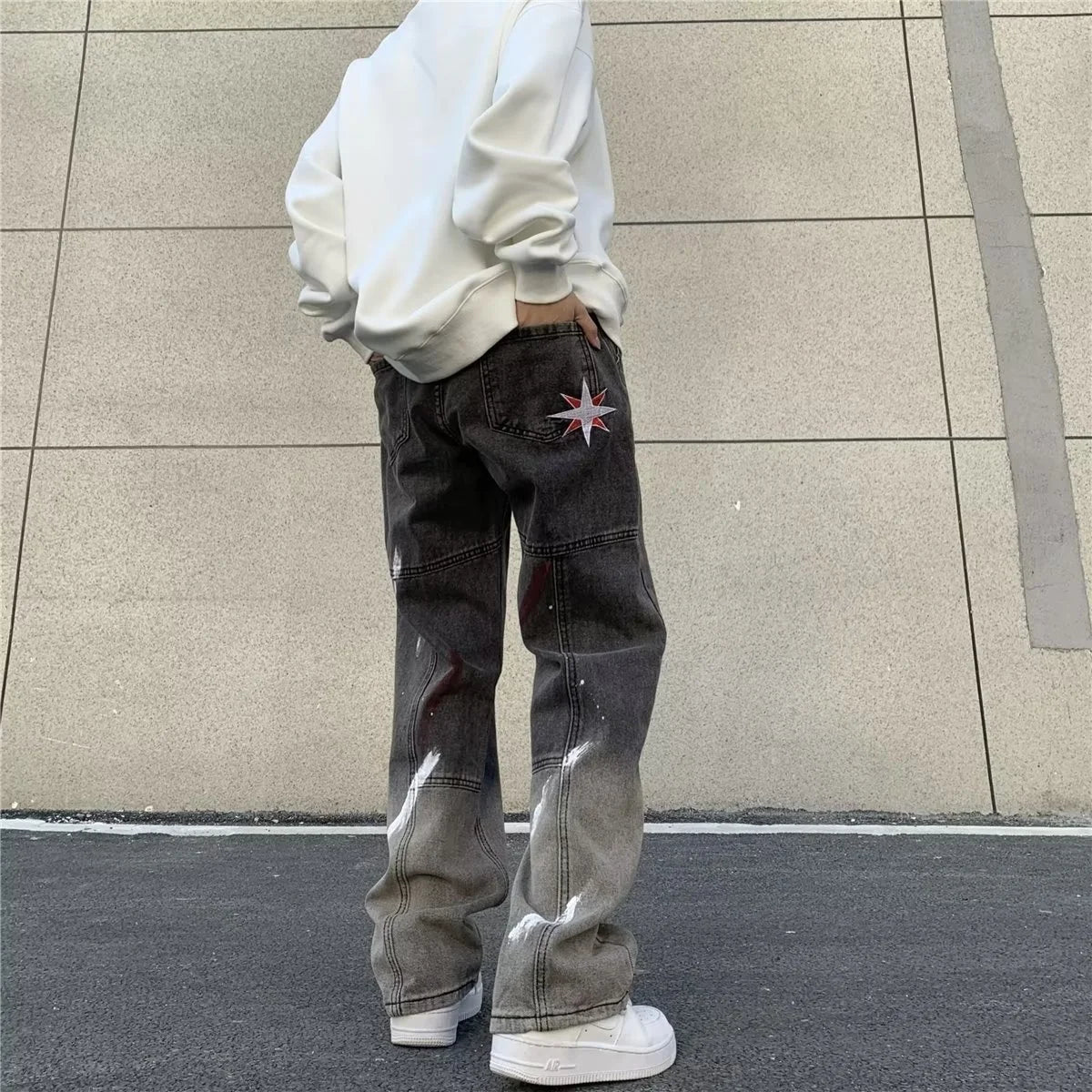 sanyamk High Street hiphop jeans Men's hip-hop Street work straight pants Black gray gradient speckled pants streetwear pantalon homme