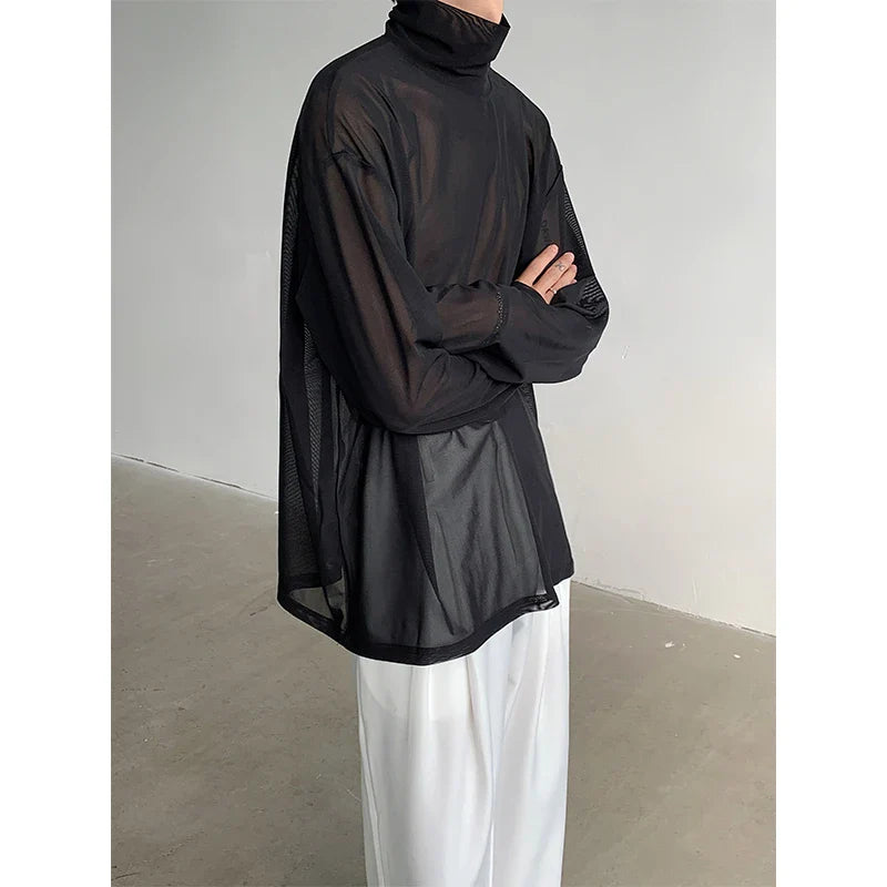 sanyamk Sexy Perspective High-neck Long Sleeve T Shirt Men Women Net Yarn Bottoming Shirt Spring Summer Transparent Black Tee Shirts