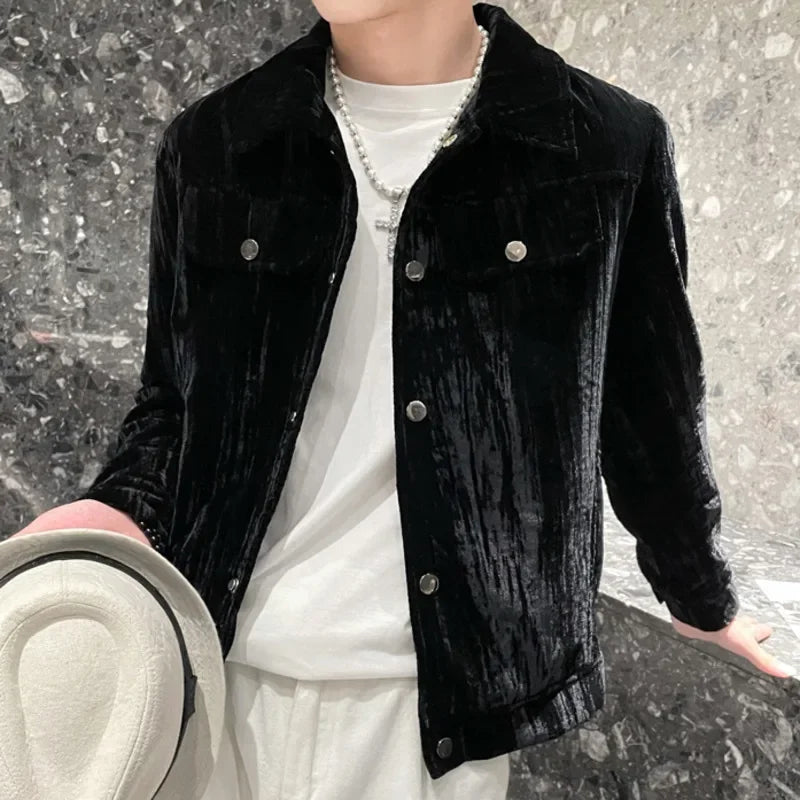 BONSIR - Autumn Winter Steetwear Windbreaker Pocket Outwear Ropa De Hombre Golden Velvet Trench Coat Casual Short Jacket Solid Color Coat