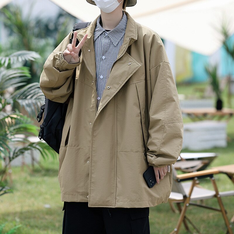 Bonsir Vintage Jacket Men's Spring and Autumn Loose Japanese Casual High Streetwear Workwear Long Sleeve Solid Color Coat