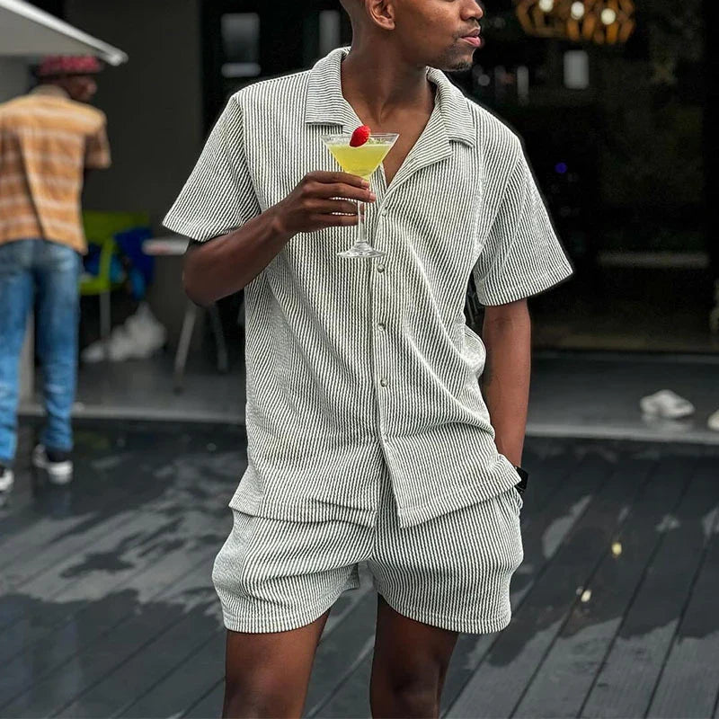 sanyamk - Casual Lapel Button Shirts&Shorts Set Men Clothing 2024 Short Sleeve Solid Beach Suits Fashion Striped Jacquard Two Piece Set