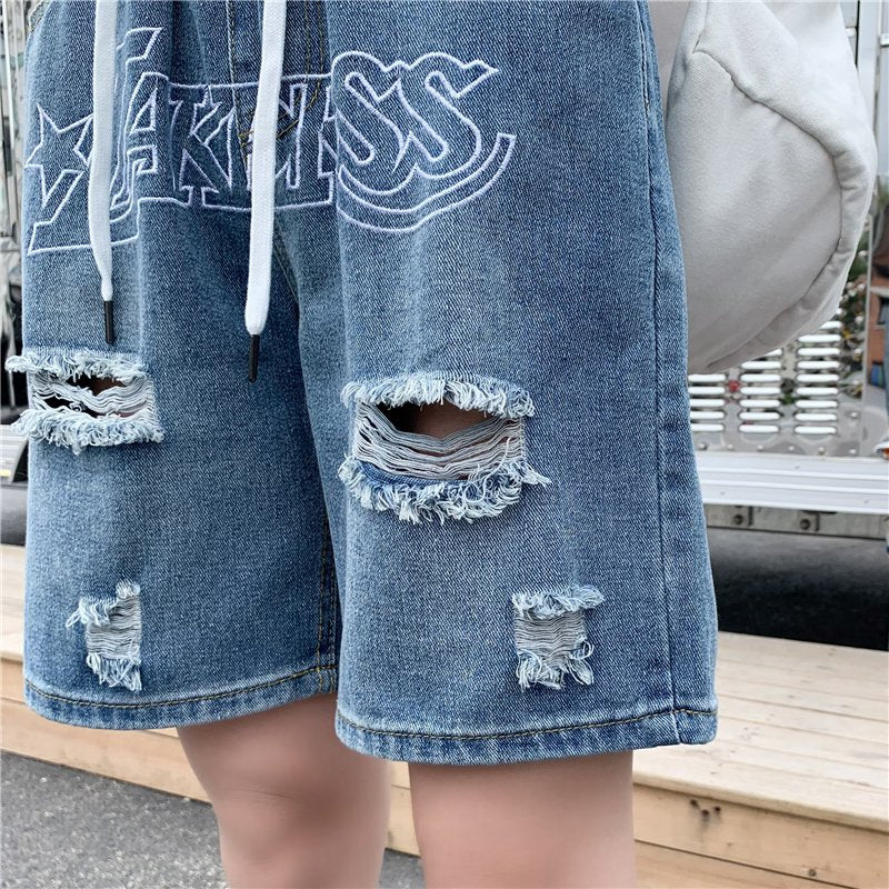Bonsir Men's Denim Shorts Letter Embroidery Ripped Hole Short Jeans Women Wide Leg Shorts Hip Hop Drawstring Vintage Denim Pants Summer