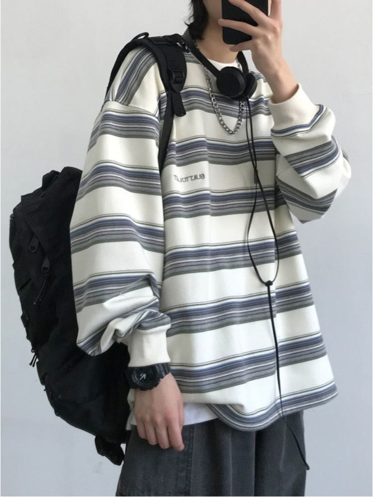 Bonsir Japanese Casual Harajuku Striped Long Sleeve T-Shirt Men's Loose Plus Size Simple All-match Clothes Hip Hop Couple Streetwear