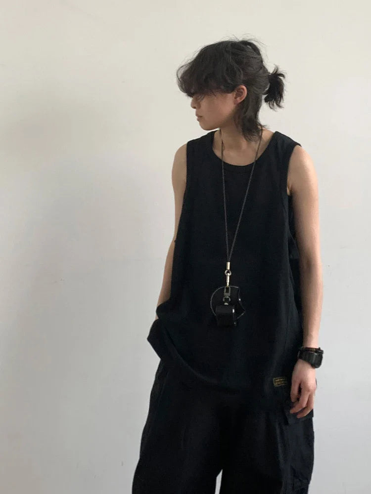 Bonsir Tank Tops Men All-match Basic Retro Japanese Style Unisex O-neck Sleeveless Solid Color Youthful Vitality Summer Loose Soft