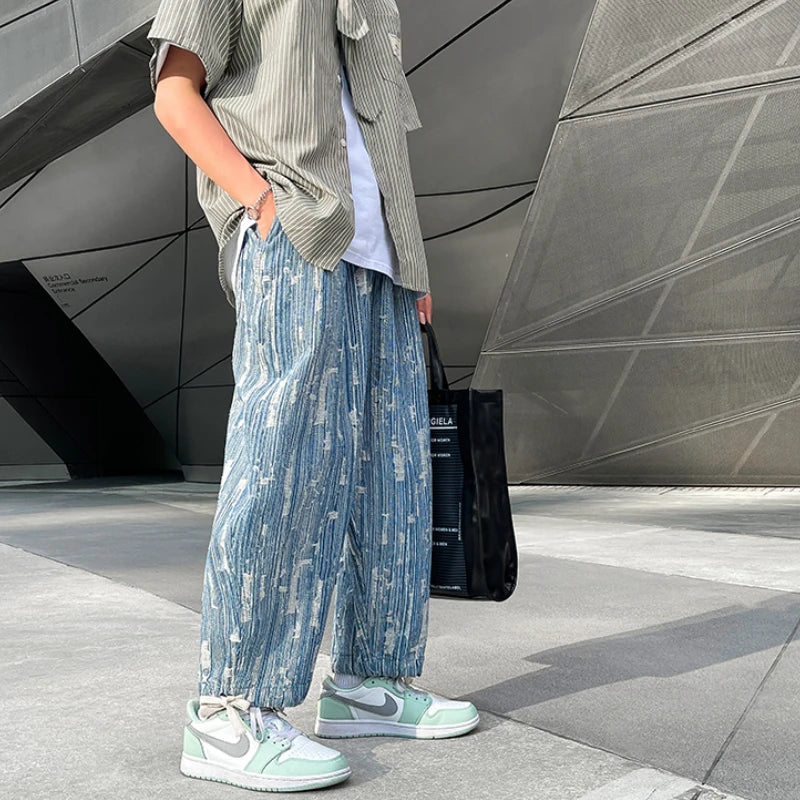 sanyamk - Light Blue Jacquard Jeans Men Spring New Street Handsome Loose Pants Men Elastic Waist Straight Vintage Denim Pants