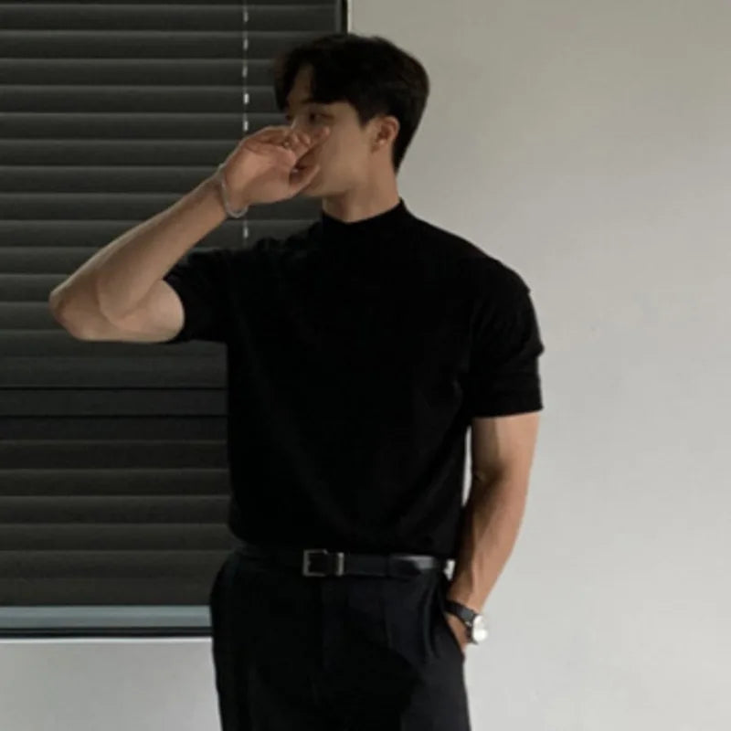 sanyamk - Business Casual Men's T-shirts Knitting Mock Neck Short Sleeve Loose Male Tops Solid Color Minimalist New Summer 9C6418