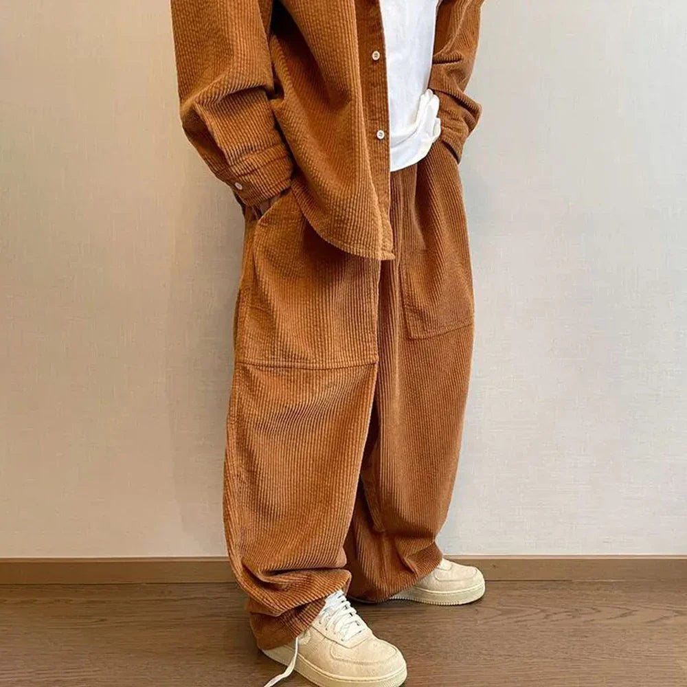 Bonsir Mens Corduroy Casual Pants Autumn Winter 2024 New Genderless Fashion Street Solid Color Loose Floor-Length Straight Pants Unisex