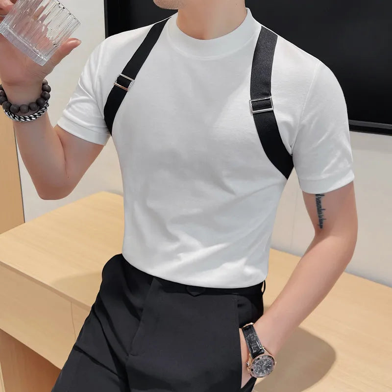 sanyamk - Chic Men's Straps T-shirts Short Sleeve Tee Black White Cotton Stretch Casual Slim FIt Clothing Fashion Summer Tops Man