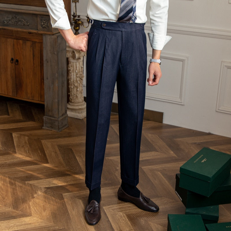 sanyamk High Waist Business Dress Pants Men Ankle Length Office Social Slim Fit Suit Pant Classic Streetwear Trousers Pantalones Hombre