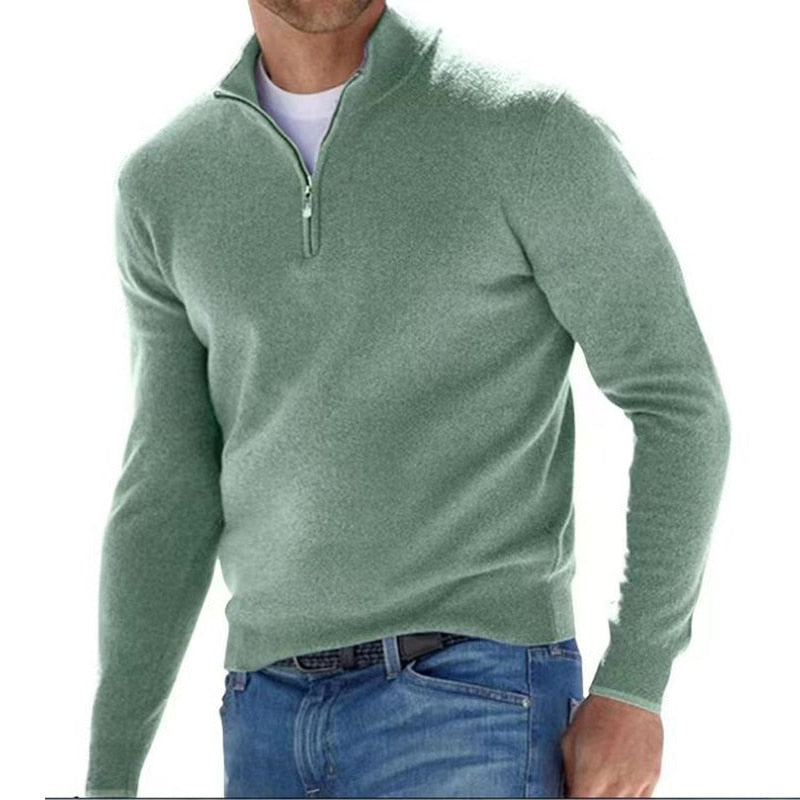 sanyamk Autumn Mens Solid Color Knitted Polo Shirt Fashion Simple Zipper Stand Collar Sweaters For Men Winter Casual Long Sleeve Sweater