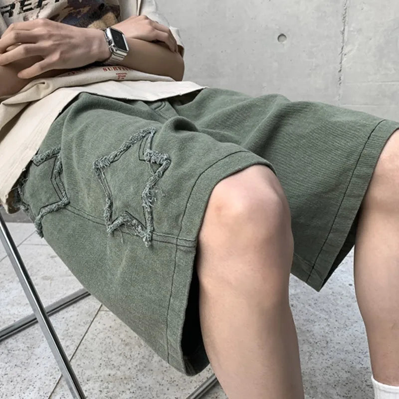 Bonsir shorts men gym 2024 Loose Star Patchwork Short Men Vintage Summer Basic Simple Hot Sale Leisure Ulzzang Streetwear Chic Shorts