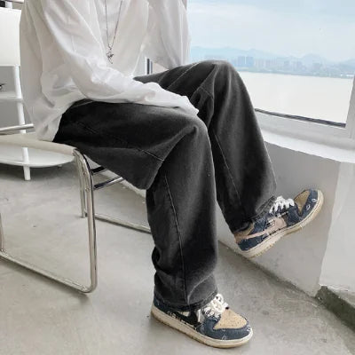 sanyamk New Men's Classic Loose Casual Jeans Student High Street Straight Stretch Blue Light Blue Black Jeans Men's Clothing