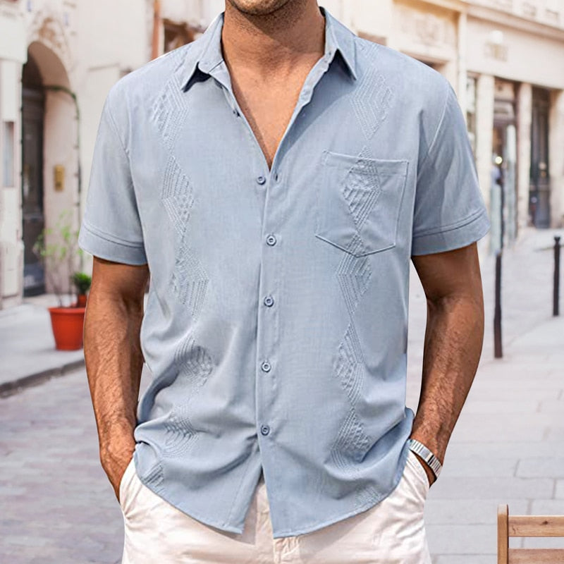 Bonsir Spring Summer Short Sleeve Casual Shirt Mens Clothes Vintage Button-down Turn-down Collar Tops Fashion Loose Shirts For Men