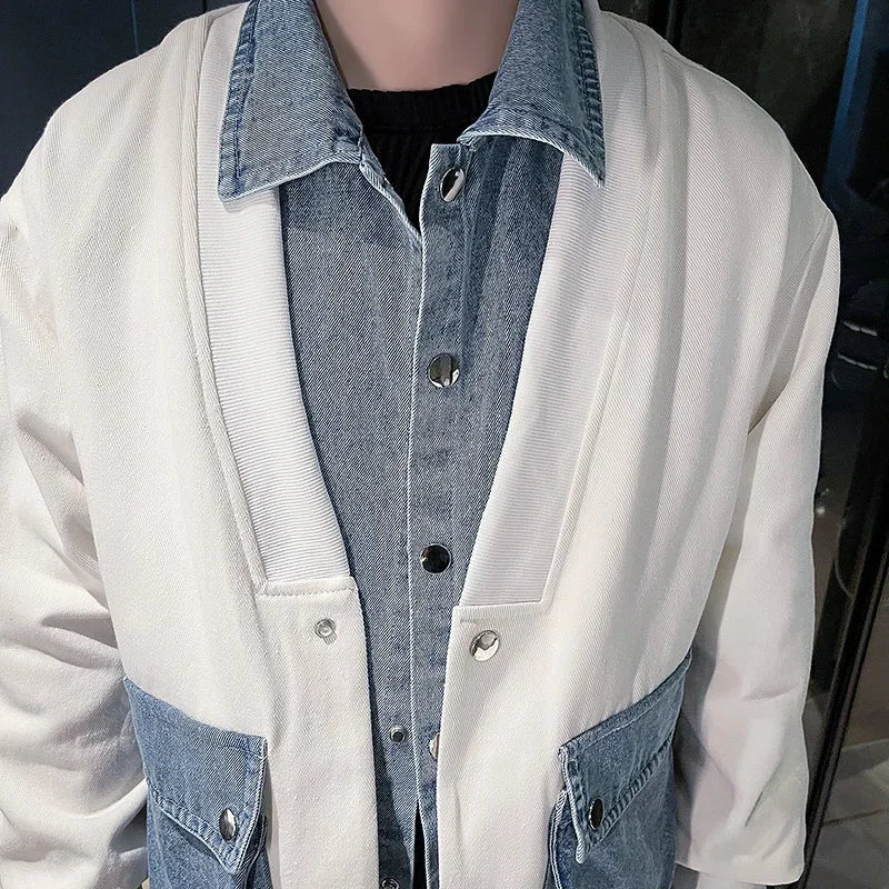 sanyamk Fake Two Denim Stitching Mens Bomber Jacket Spring Casual Lapel Windbreaker Hip Hop Streetwear Jacket Coat Outwear Men Clothessanyamk