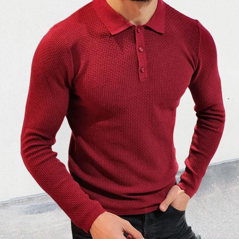 Bonsir Fall Men Polo Shirts Knitted Slim Elastic Long Sleeve Tops Vintage Solid Color Turn-down Collar Buttoned Pullover Men's T-Shirt